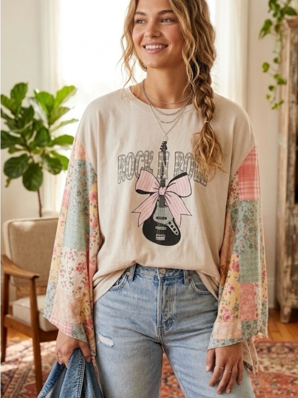 J.HER Oversized Patchwork Rock N' Roll Top Size Medium